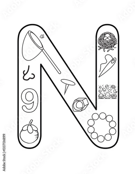 Obraz Nautical Letter N Coloring Page – Nest, Net & Night Sky Designs for Classroom Use