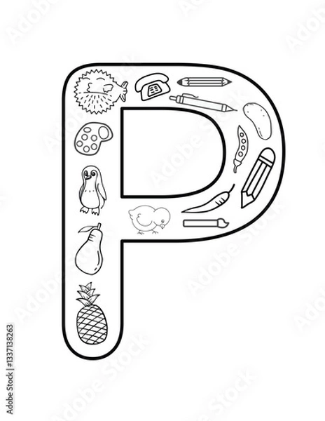 Obraz Playful Letter P Coloring Page – Panda, Pizza & Planet Designs for Bulletin Boards