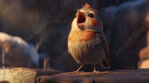 Fototapeta Cute bird singing in sunlight