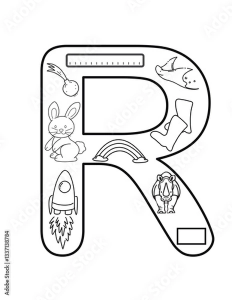 Obraz Radiant Letter R Coloring Page – Rainbow, Robot & Rocket Designs for School Displays