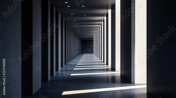 Fototapeta Empty gallery hall with inclined columns, black walls and backlight. Modern corridor or hallway interior of house, office or museum building, vector realistic illustration