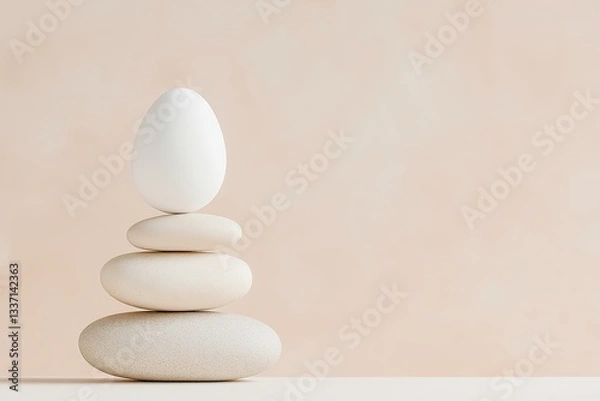 Fototapeta Delicate balance of white egg and smooth stones against a soft beige background, symbolizing harmony and tranquility in design