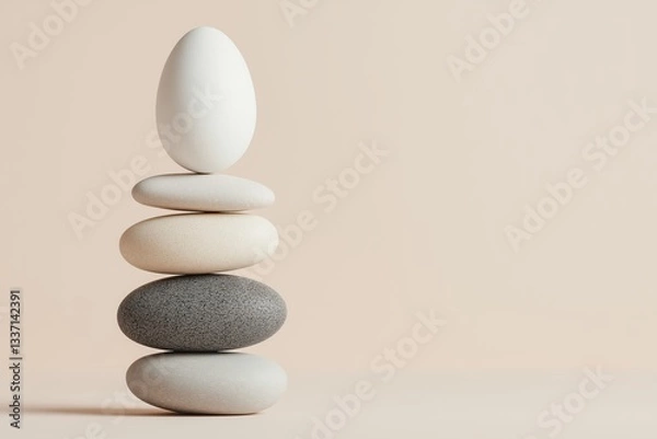 Fototapeta Balanced composition of smooth pebbles and a white egg symbolizing harmony, minimalism, and natural beauty on a soft neutral background