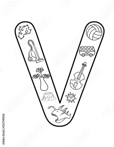 Obraz Vibrant Letter V Coloring Page – Volcano, Van & Vegetable Art for Bulletin Boards & Science Lessons
