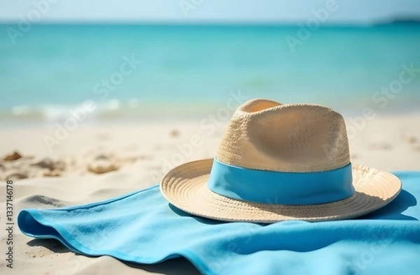 Fototapeta A sandy beach with towels and summer accessories. A background with space to copy and a visible sand texture. The concept of vacation, sea, recreation