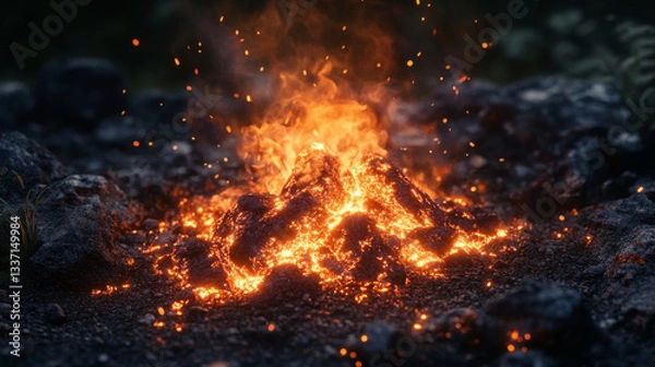 Fototapeta Fire sparks with smoke border, flying up particles and embers. Vector realistic heat and glow effect of flame in burning bonfire, from blacksmith works or hell isolated on transparent background