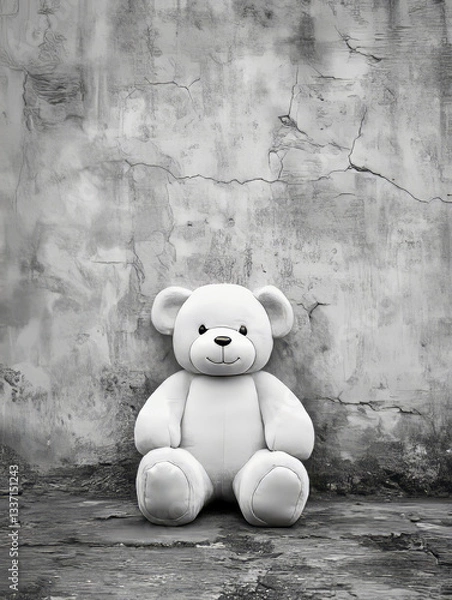 Obraz A large white teddy bear sits alone against a textured, cracked wall, creating a striking contrast. The simplicity of the bear against the gritty background adds to its charm.