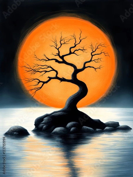 Obraz A surreal image of a bare tree with twisted branches standing on rocks in a calm body of water, against the backdrop of a glowing orange full moon, creating a striking contrast.