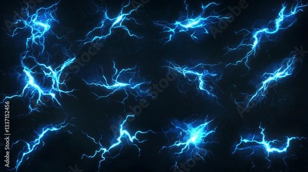 Fototapeta Sprite sheet with lightnings, thunderbolt strikes set for game fx animation. Vector realistic set of blue electric impact at night, sparking discharge of thunderstorm isolated on black background