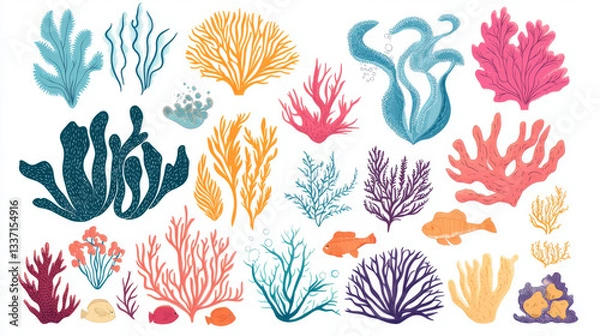 Fototapeta Seaweed and coral cartoon vector illustration set. Underwater ocean and aquarium plants and creatures. Various aquatic colorful marine algae and oceania sponge. Wildlife natural seabed flora.