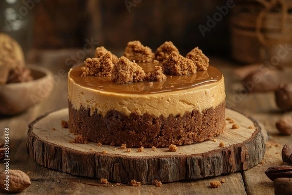 Fototapeta Speculoos Cheesecake (Belgium) A no-bake cheesecake made with crushed speculoos cookies, topped with a smooth caramel layer.