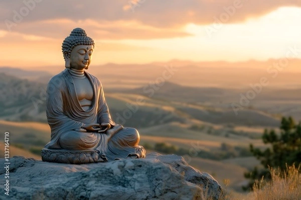 Fototapeta Buddha Statue with Spiritual Aura and Tranquility, Peaceful Buddha Wallpaper with Zen and Harmony Vibes, Ancient Buddha Sculpture, Tranquil Buddha Painting.
