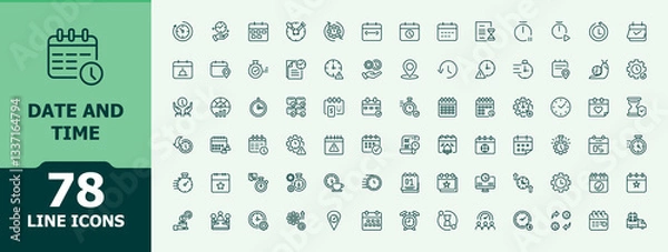 Obraz Date And Time related icon set. Containing day, alarm, date, hourglass, time, calendar, countdown and more. Minimalist icons collection. Clock modern icon set. Editable stroke. Vector illustration.