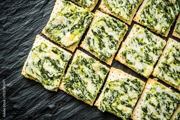 Obraz Spinach and Cheese Crackers Square crackers flecked with green spinach bits and a cheesy aroma, placed in a neat row on a slate board