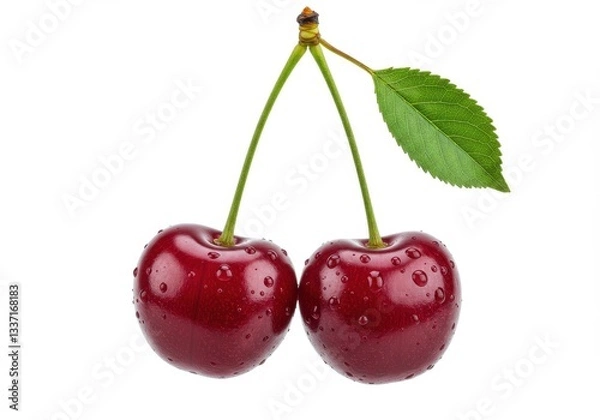 Fototapeta Two ripe cherries with stems and a leaf isolated on a white background close up studio shot