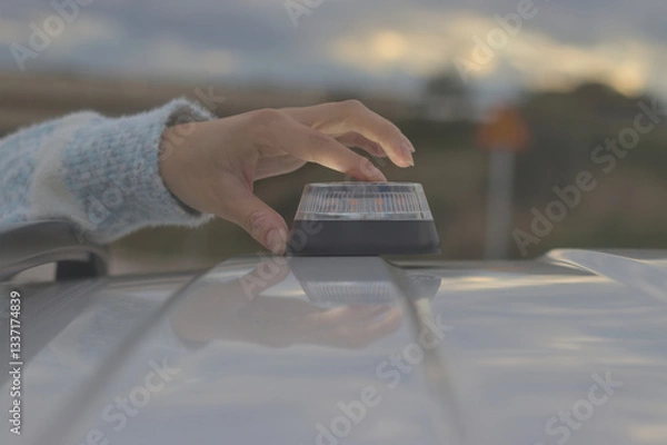 Obraz Hand placing a V16 emergency beacon on the roof of a broken-down vehicle. The emergency flasher is mandatory for replacing triangles in Europe. DGT Spain.