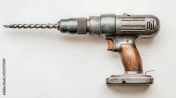 Fototapeta Old Electric Drill on White Background with Space for Text..