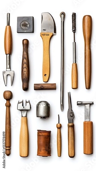 Fototapeta Collection of Vintage Tools on White Background Individually Photographed..