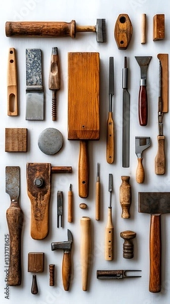 Fototapeta Carpentry Tools and Equipment Arranged on White Background Top View..