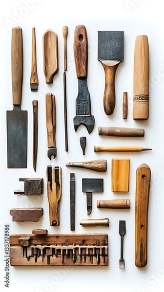 Fototapeta Set of Carpenter Tools on White Background Top View..