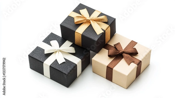 Fototapeta Background with gift boxes with gold ribbon on white background. Vector banner with rows of realistic 3d present package, black, white and brown giftboxes with golden bow