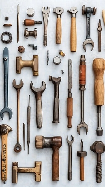 Fototapeta Collection of Hand Tools Arranged on White Background Top View..