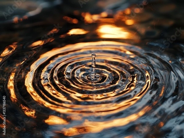 Fototapeta  Ripple effect on water created by sound frequency. Single drop disturbs surface, sending perfect, concentric waves outward. Hypnotic motion and scientific precision.