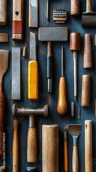 Fototapeta Carpentry Tools Arranged on Dark Wooden Background Top View..