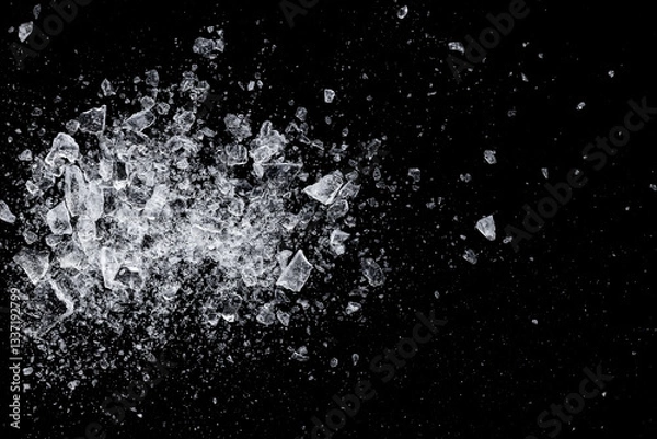 Fototapeta Ice, crushed on a black background. Shards of crushed ice spreading away. A heap of crushed ice.