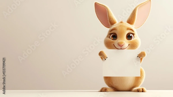 Obraz Cute cartoon rabbit holding a blank sign, smiling cheerfully in a minimalist studio setting