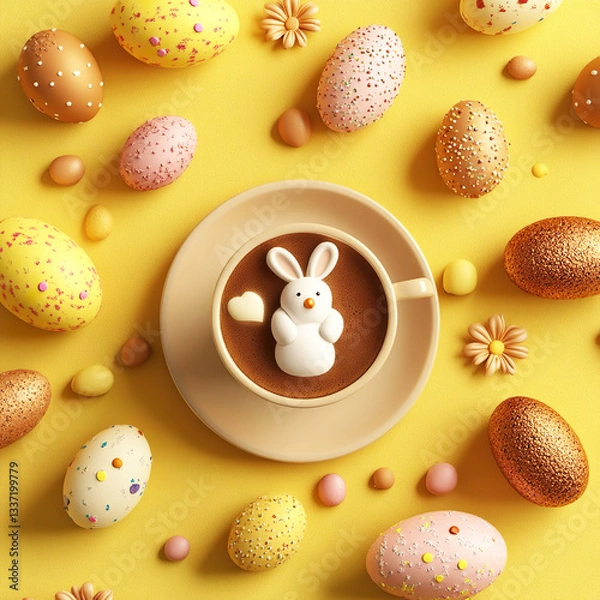 Fototapeta Easter coffee with bunny marshmallow and colorful eggs