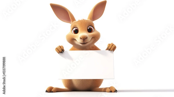 Obraz Cute cartoon rabbit holding a blank sign, smiling cheerfully against a plain white background