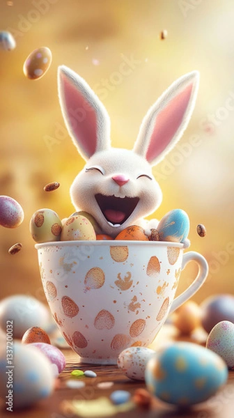 Fototapeta Happy Easter Bunny in a Cup with Colorful Eggs