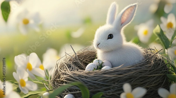 Fototapeta Easter Bunny in a Nest of Eggs and Daisies