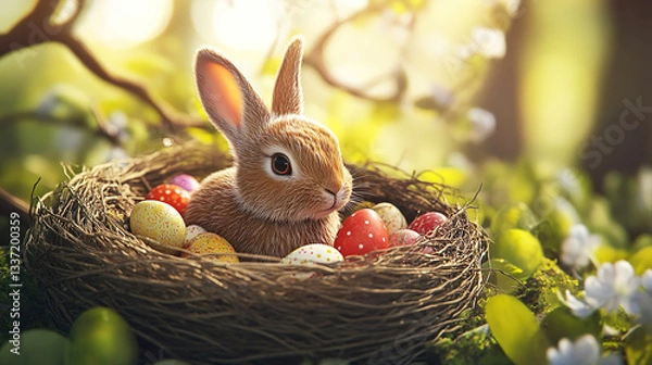 Fototapeta Cute Easter Bunny in a Nest with Colorful Eggs