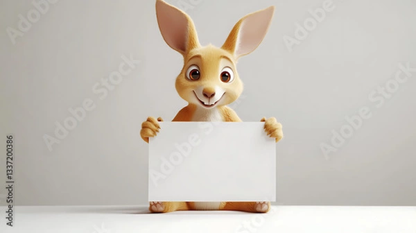 Obraz Cartoon rabbit character joyfully holding a blank sign in a minimalistic setting