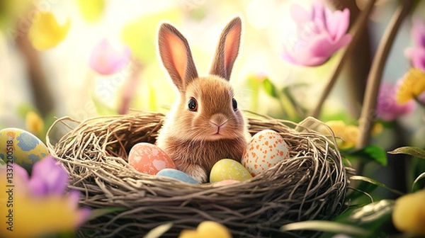 Fototapeta Easter Bunny in a Nest with Colorful Eggs