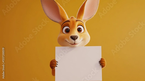 Obraz Cheerful cartoon rabbit holding a blank sign against a vibrant yellow background, smiling