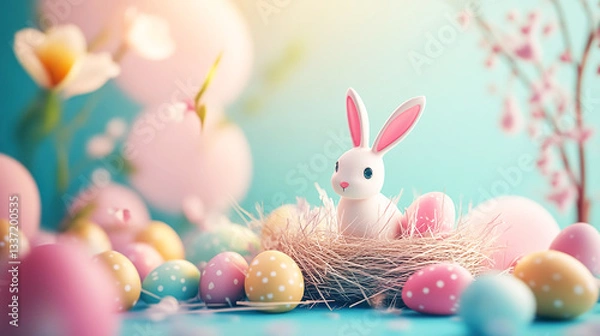 Fototapeta Easter Bunny with Colorful Eggs in a Spring Setting