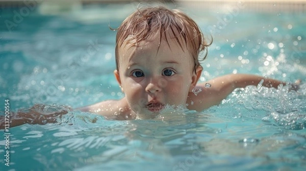 Obraz Little boy swims in clear water in the pool on vacation