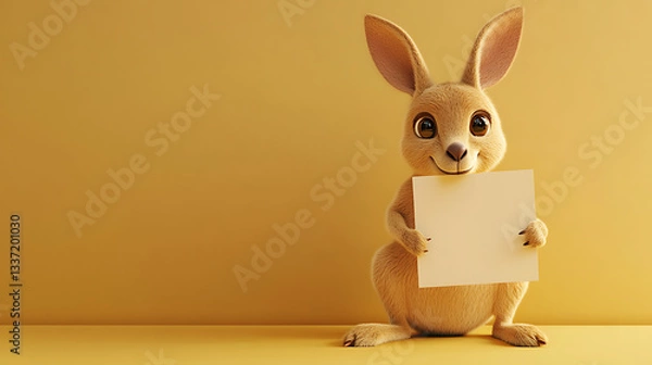Obraz Cute animated rabbit holding a blank sign against a yellow background, inviting creativity