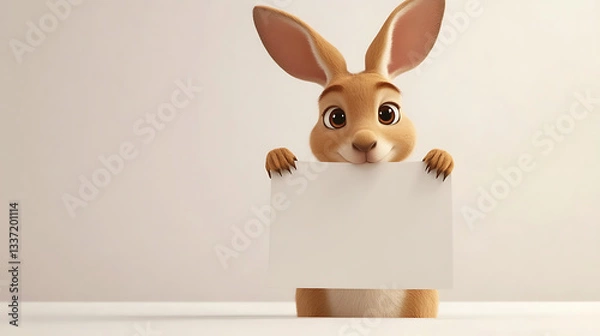Obraz Cartoon rabbit holding a blank sign, displaying a friendly expression in a minimalistic setting