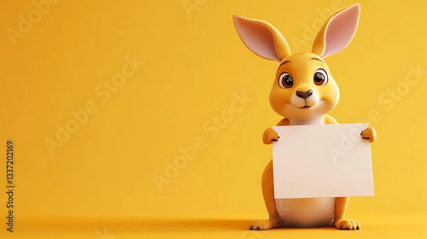 Obraz A cheerful cartoon rabbit holding a blank sign against a vibrant yellow background, ideal for advertising