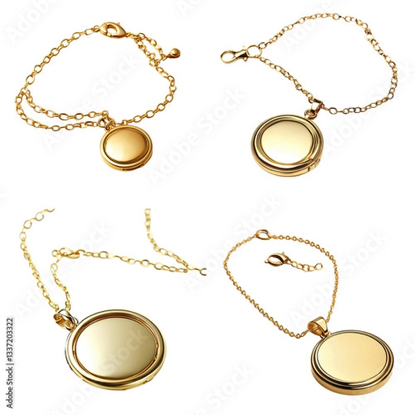 Obraz Gold Chain Necklace with Circular Locket, Isolated 