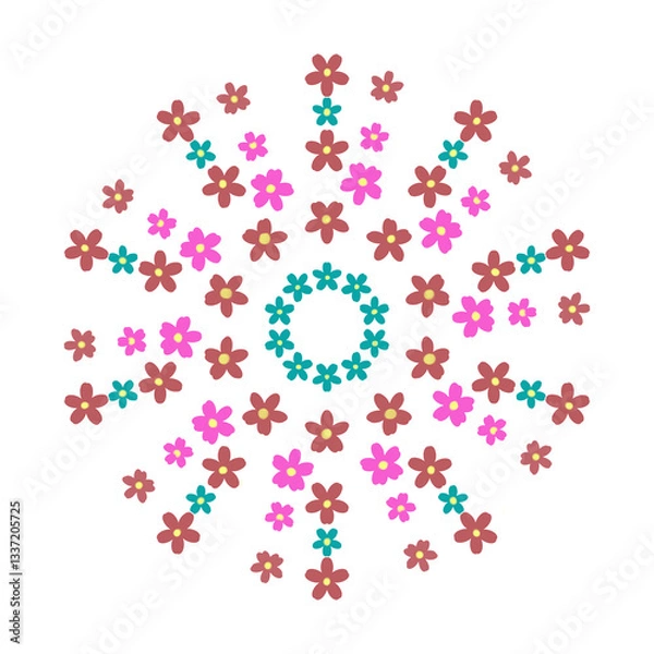 Fototapeta A floral design with pink, brown, and blue flowers. The flowers are arranged in a circle and scattered throughout the design. The scene is cheerful and colorful.