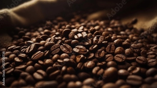 Obraz Freshly roasted coffee beans gathered on burlap fabric in natural light