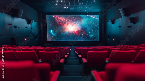 Fototapeta Movie theater, cinema hall with wide screen and rows of red seats rear view. Empty interior with space galaxy and planets scene on screen, chair backs and illumination, Cartoon vector illustration