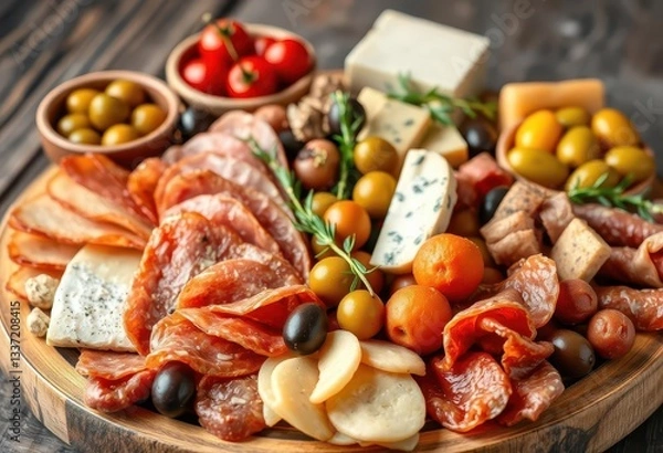 Fototapeta Rustic Italian antipasto platter with cured meats, cheeses & olives,  appetizer platter, rustic