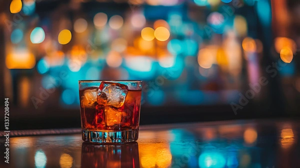 Obraz A glass of whiskey with ice cubes on a shiny table, colorful bokeh background