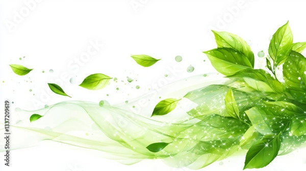 Fototapeta Set of abstract fresh air swirls with green leaves and sparkles isolated on transparent background. Vector realistic illustration of wind vortex with flying mint, tea foliage. Freshness design element